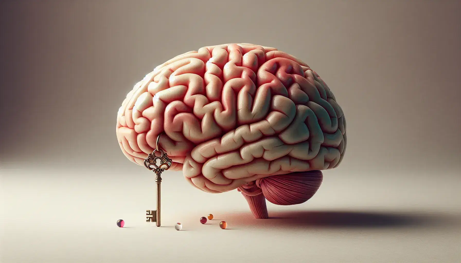 Detailed model of human brain with golden key on temporal lobe and jar of colorful marbles on neutral background with reflections.