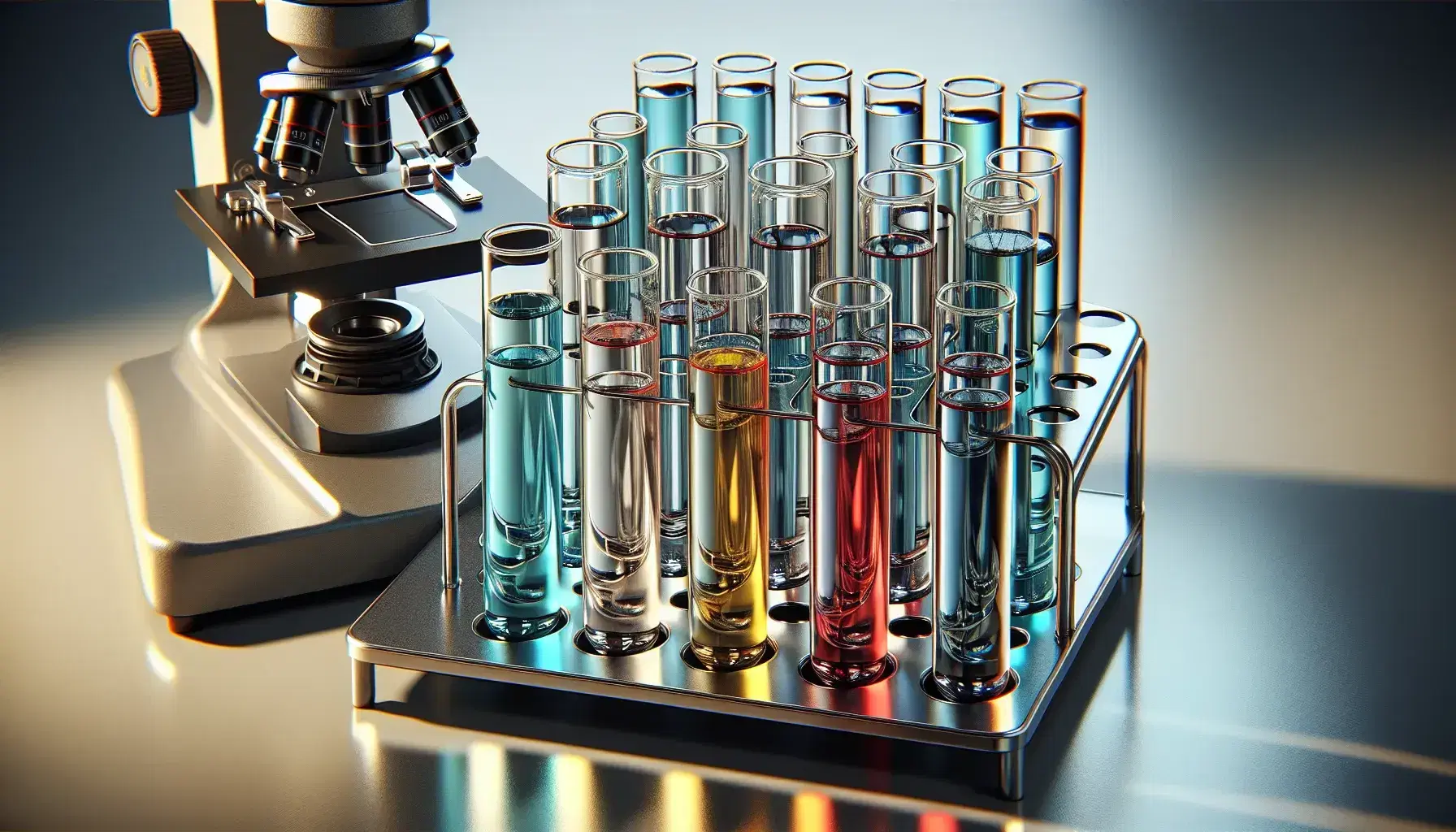Tubos de ensayo de vidrio con líquidos de colores variados en soporte metálico y microscopio desenfocado al fondo en laboratorio.
