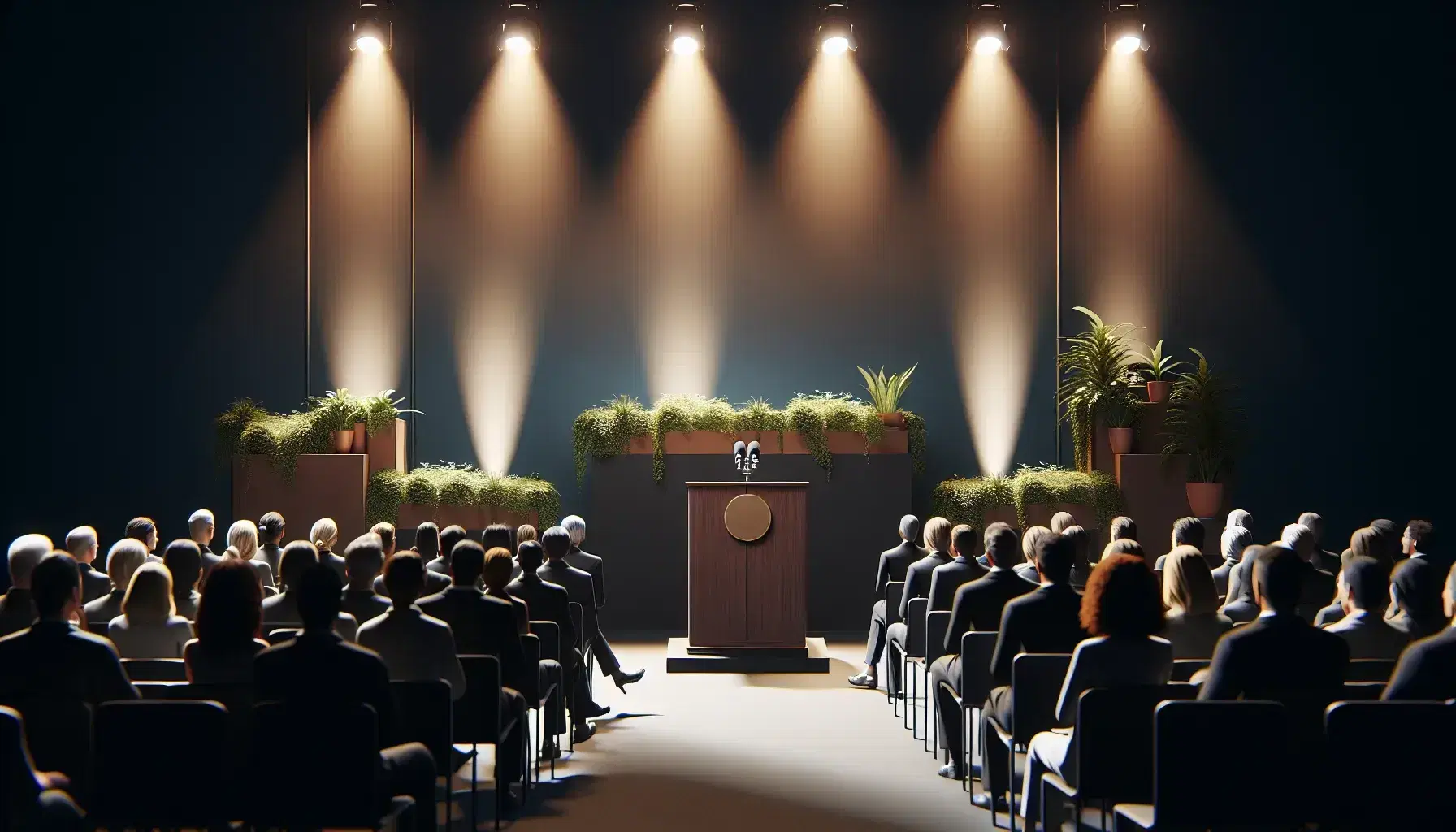 Escenario iluminado con luces cálidas, podio de madera marrón oscuro al centro, público diverso sentado, micrófono en podio y planta verde a la derecha.