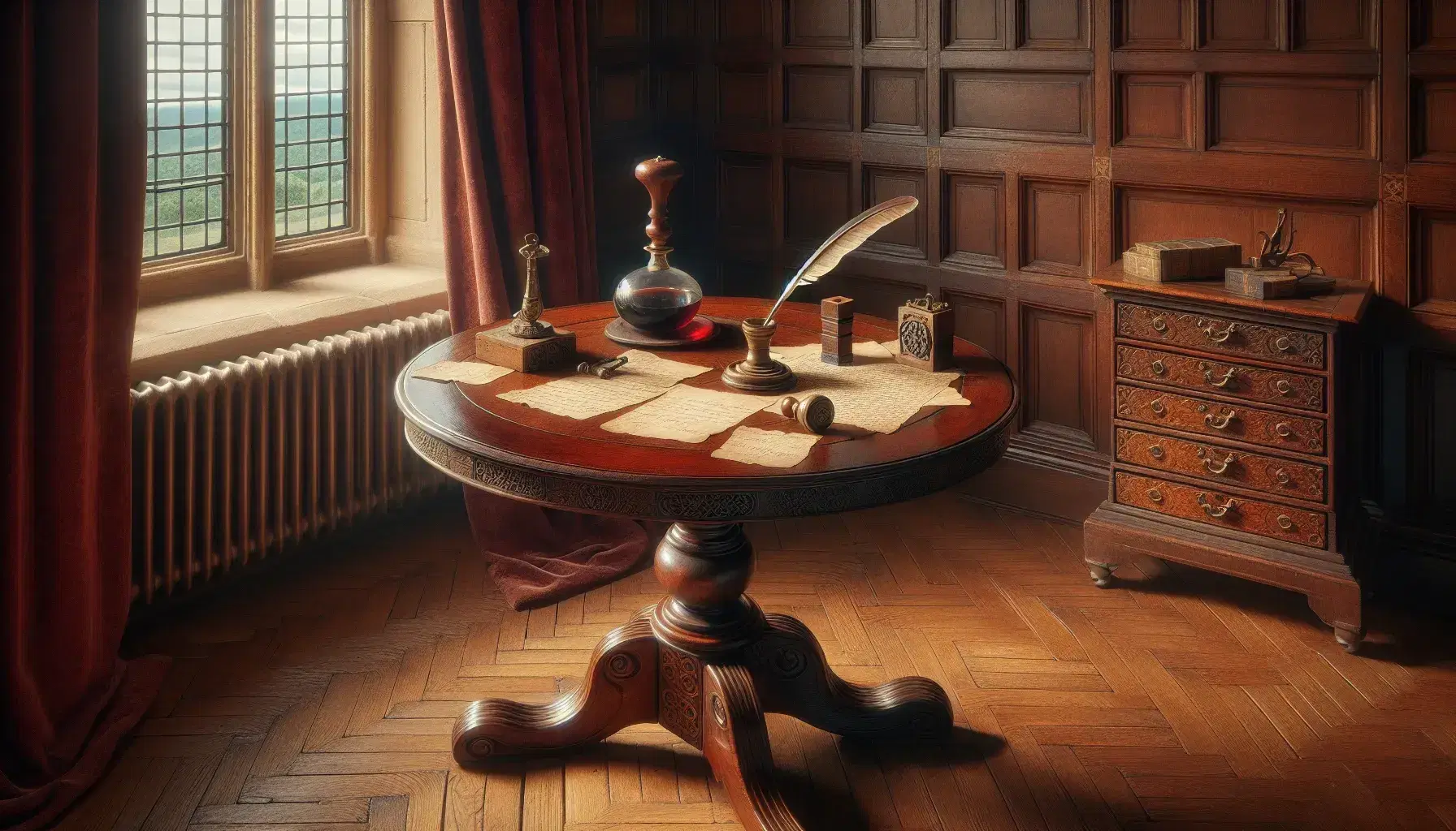 Antique mahogany round table with quill pen, inkwell, parchment papers, wax seal stamp, and ceramic pitcher set in a historical room with red velvet curtain and mullioned window.