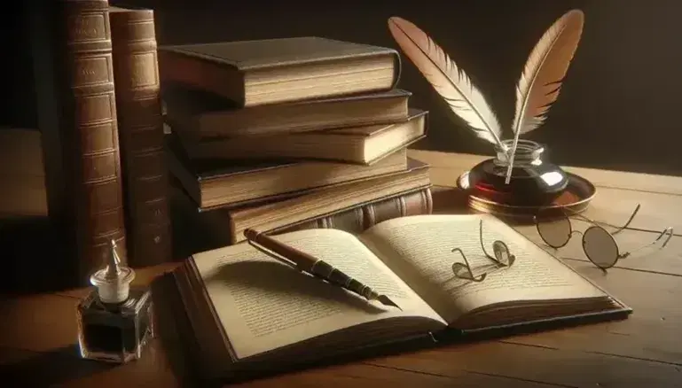 Stack of hardback books on wooden table with quill pen in ink and glasses, blurred background and warm lighting.