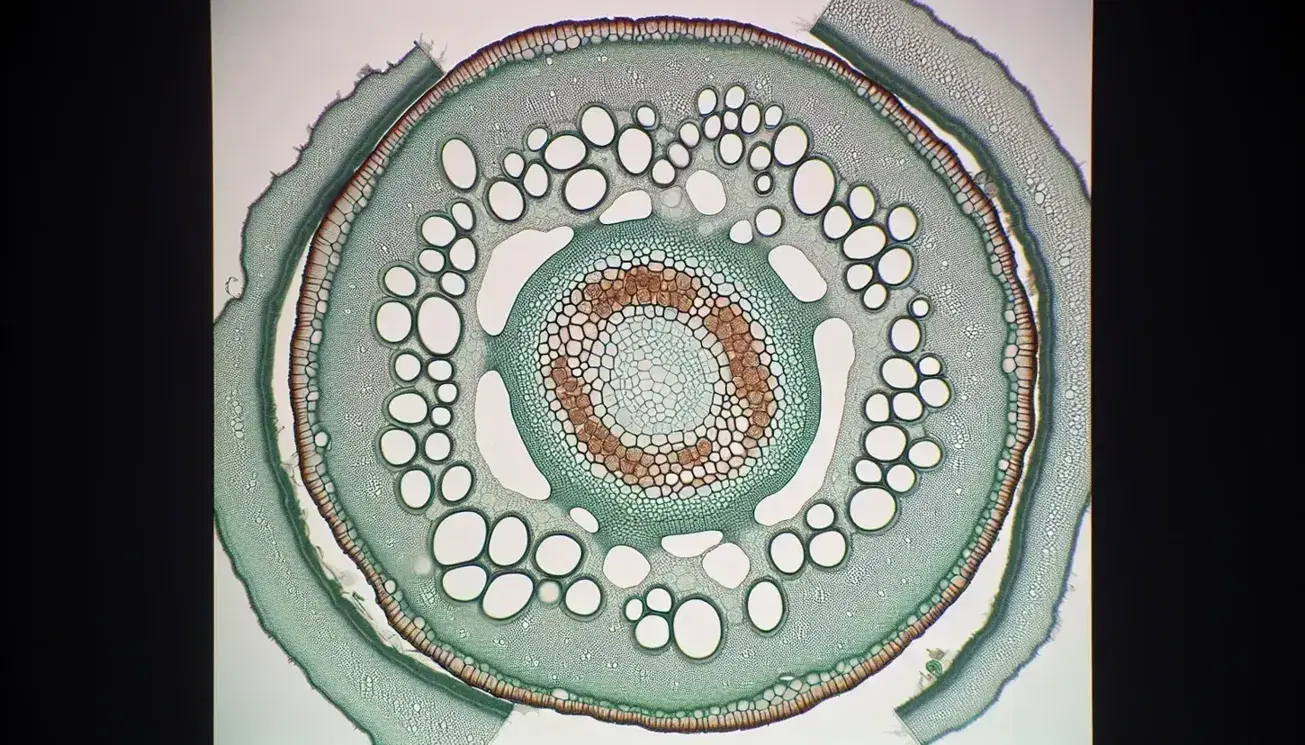 Corte transversal microscópico de tallo de planta mostrando tejido vascular con xilema y floema, tejido parenquimático y epidermis en fondo blanco.