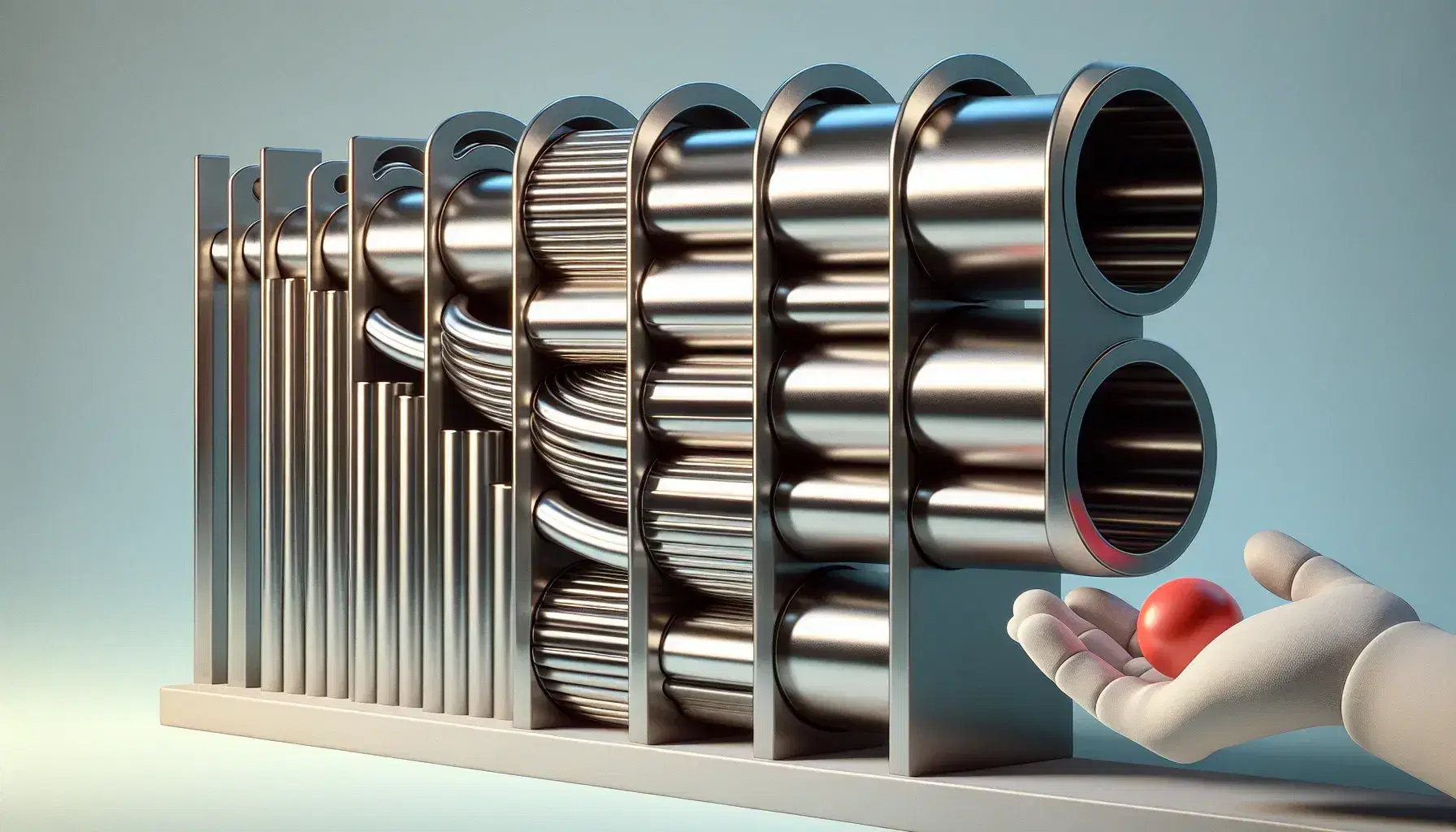 Five horizontal metal tubes with increasing diameters, from left to right, and a gloved hand holding a red ball above the narrowest tube.
