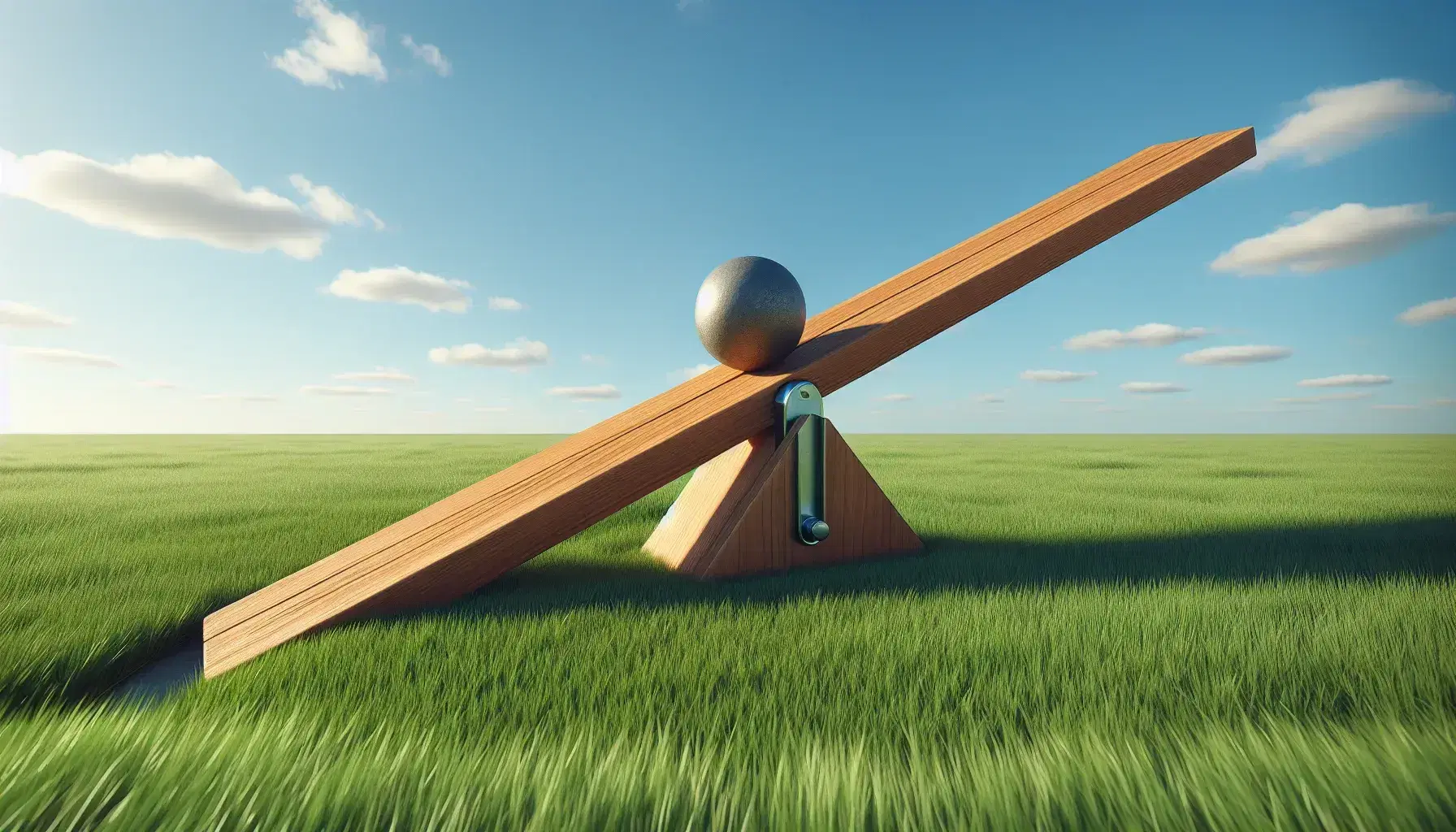 Wooden seesaw with metallic sphere weight on one end, balanced on a triangular fulcrum in a grassy field under a clear blue sky.