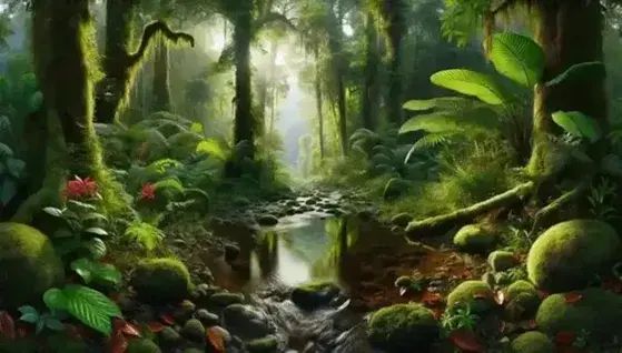 Vibrant rainforest with a stream, diverse foliage, colorful birds, a butterfly, and a frog, showcasing a rich, biodiverse ecosystem.