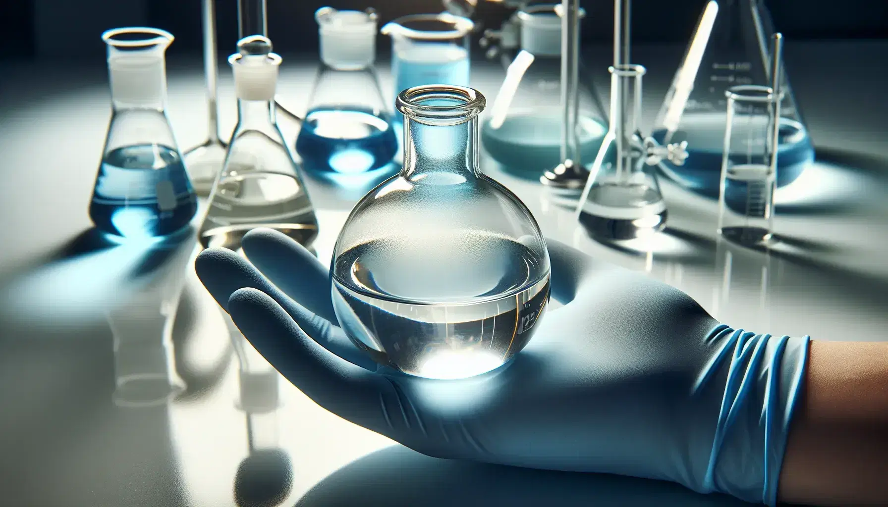 Hand in blue latex glove holding a round-bottomed flask with clear liquid, with assorted glassware and a metallic stand on a white lab countertop.