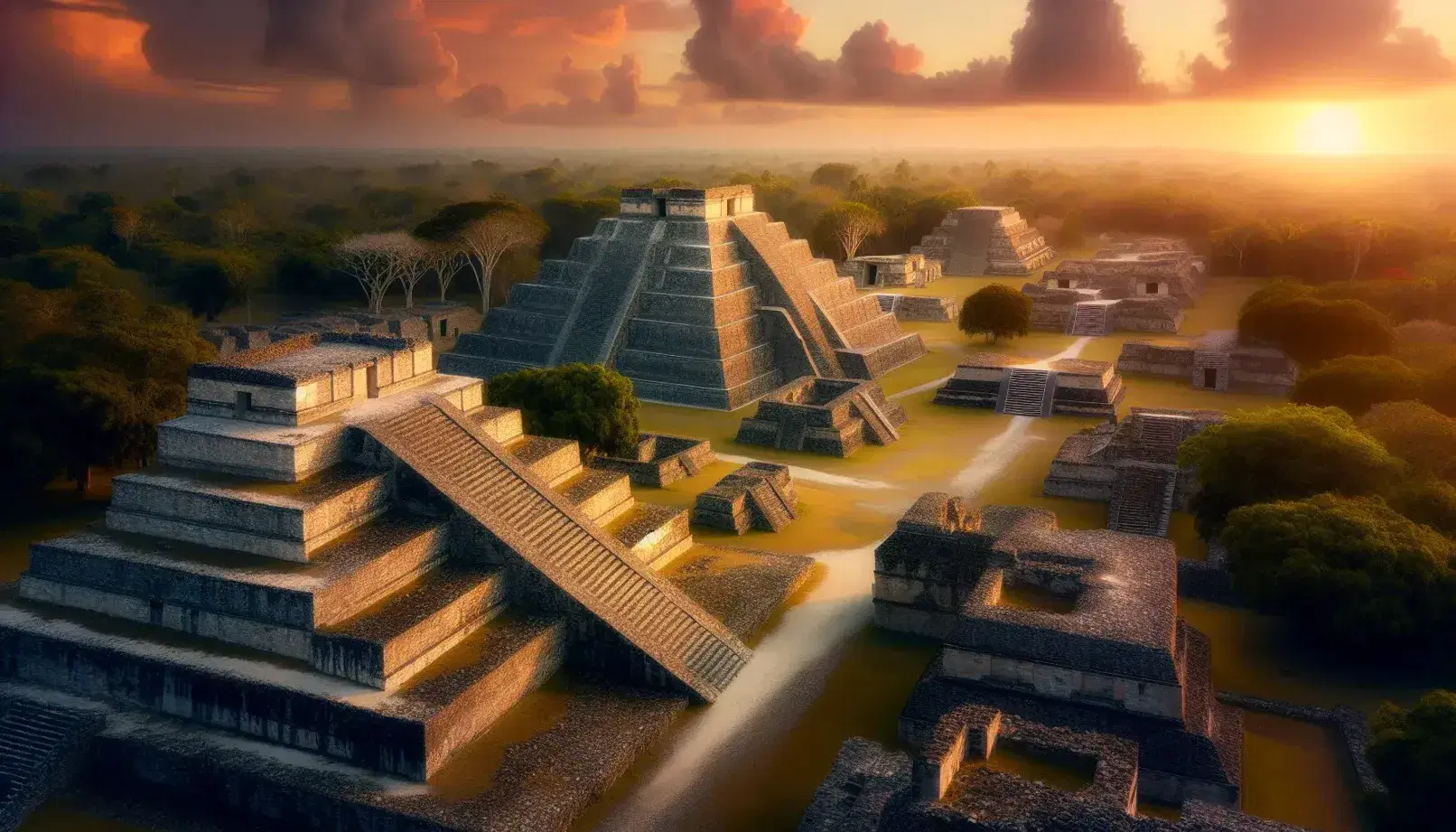 Vista panorámica de ruinas de una ciudad mesoamericana antigua al atardecer, con una pirámide escalonada y estructuras de piedra entre vegetación.