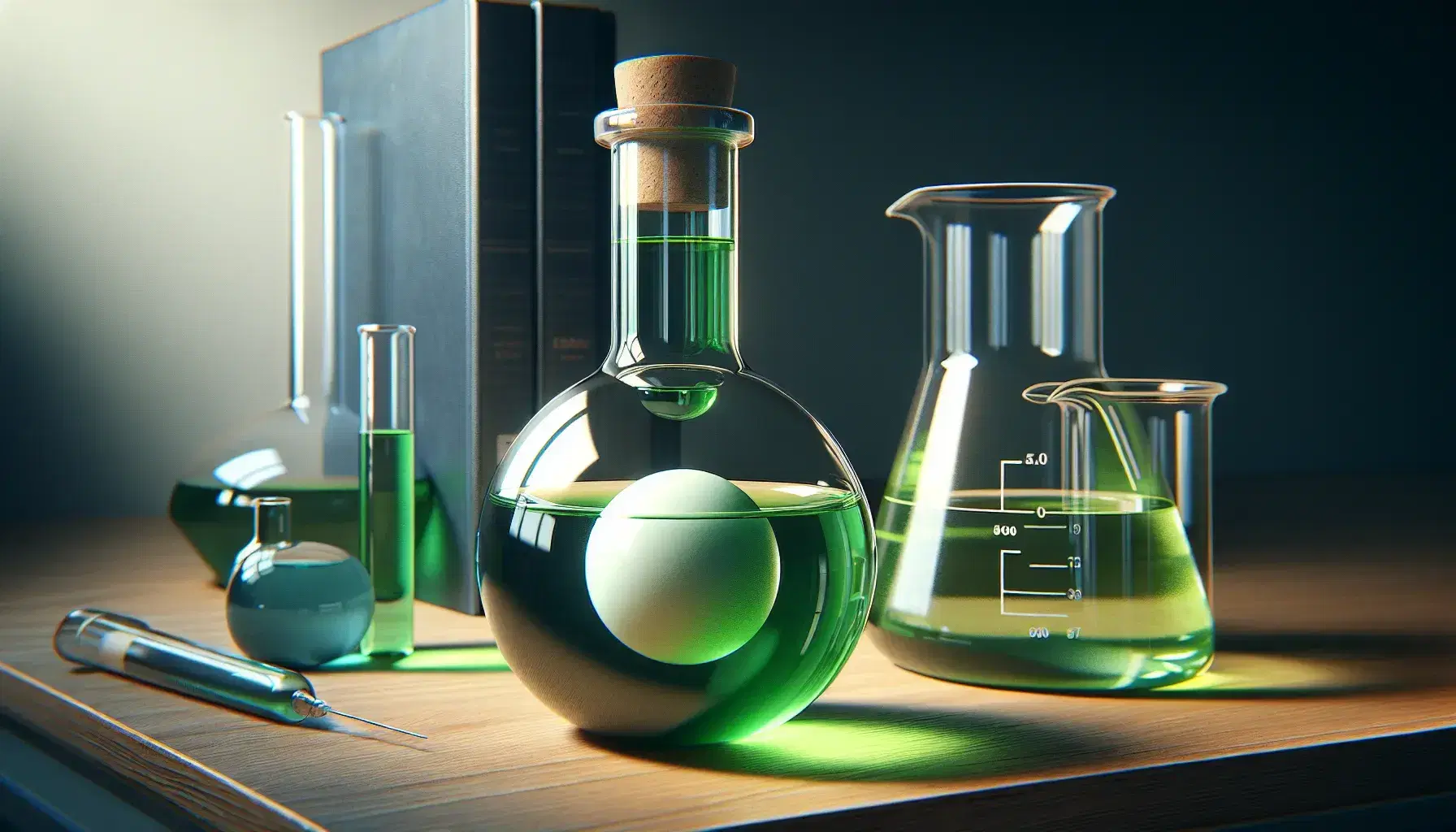 Glass bottle with green liquid and suspended white sphere, surrounded by glassware with colored liquids on wooden laboratory bench with safety glasses.