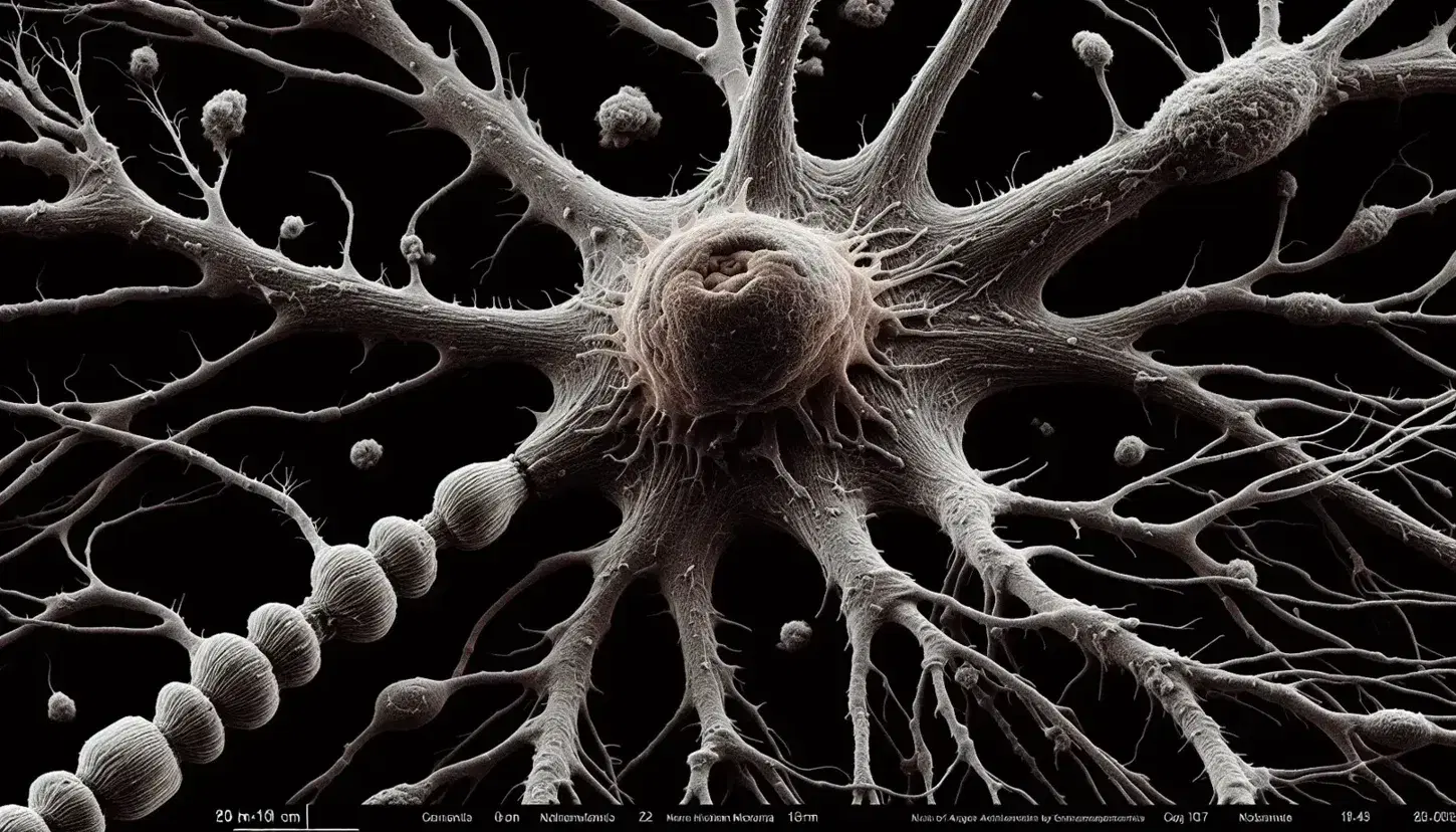 Micrografía electrónica a color de una neurona humana detallada con cuerpo celular grisáceo, dendritas espinosas y axón liso en fondo oscuro.