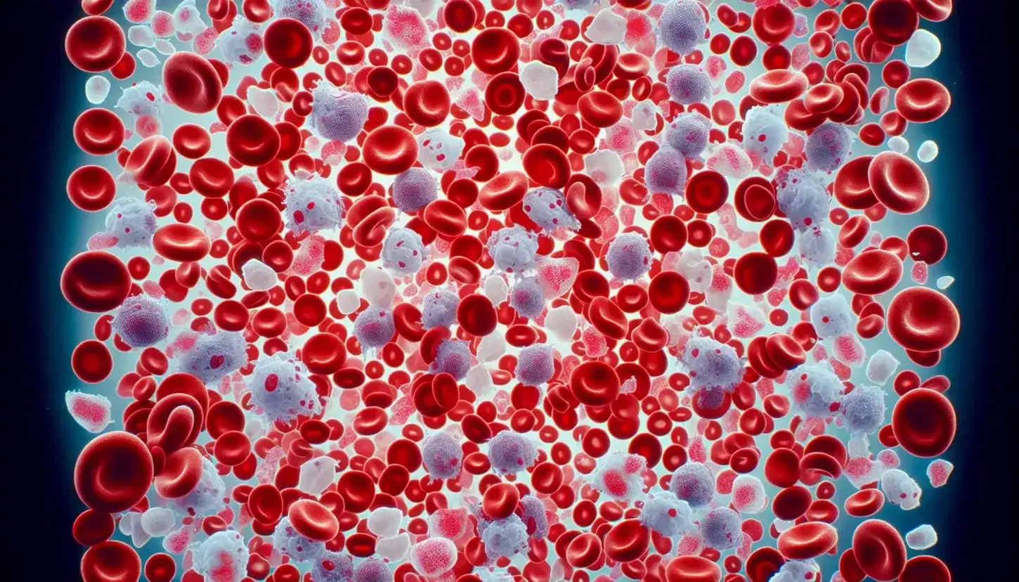 Vista microscópica de sangre humana mostrando células rojas en distintos tonos, células blancas irregulares y pequeñas plaquetas en fondo gris pálido.