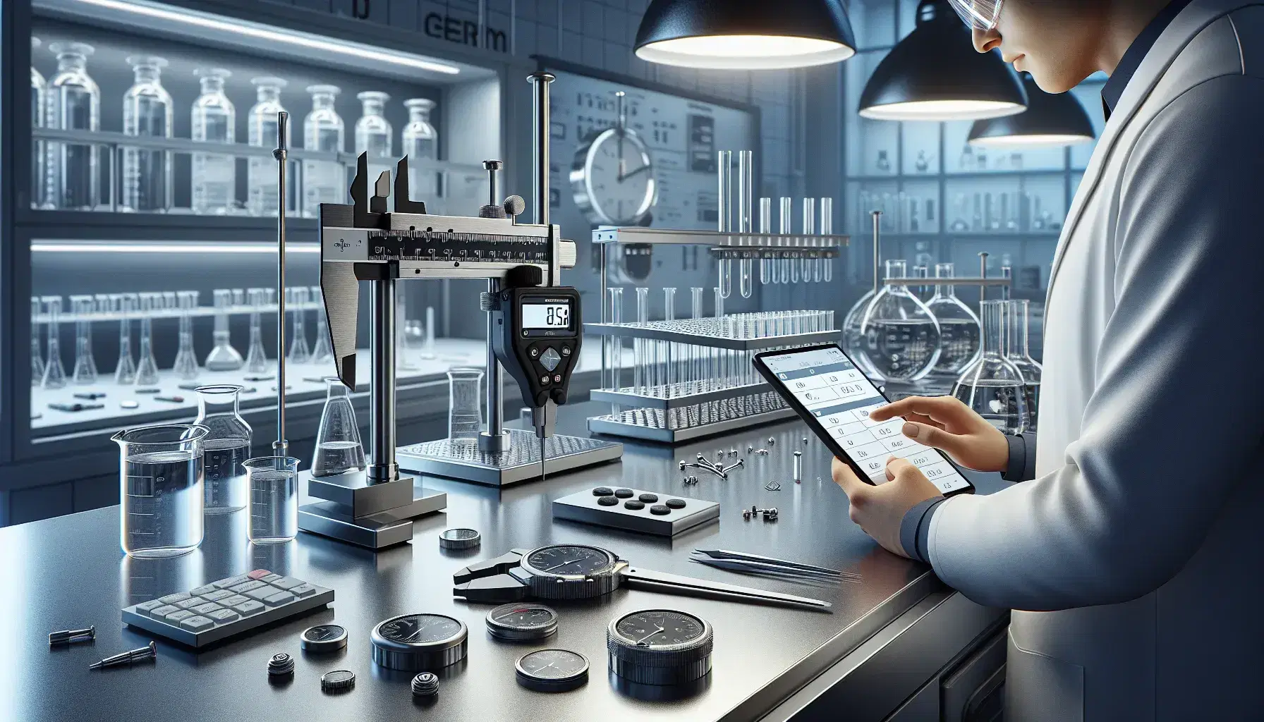 Laboratorio scientifico moderno con tavolo inox, strumenti di misura, provette colorate e tecnico che usa tablet.