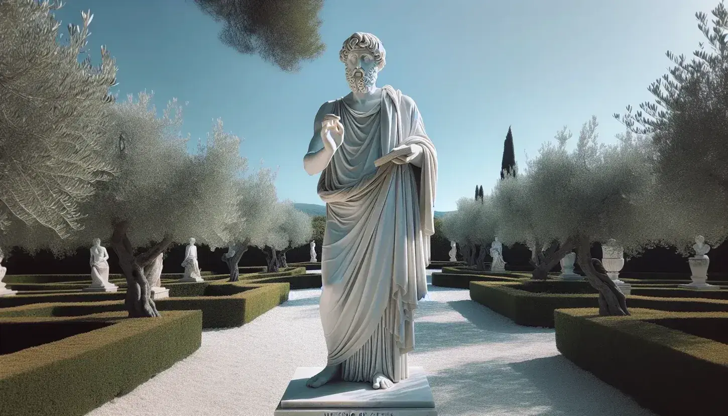 Estatua de mármol blanco de filósofo griego antiguo en jardín clásico con caminos de grava y vegetación mediterránea bajo cielo azul despejado.