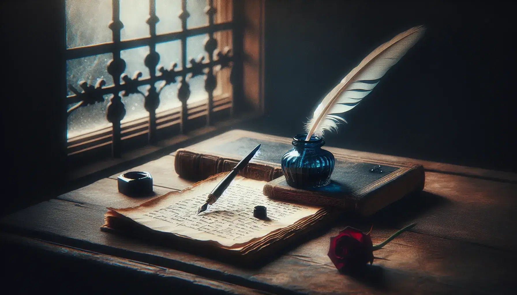 Scrivania in legno scuro con libro antico aperto, calamaio blu cobalto, piuma d'inchiostro e petalo di rosa rosso, sotto luce soffusa da finestra con sbarre.