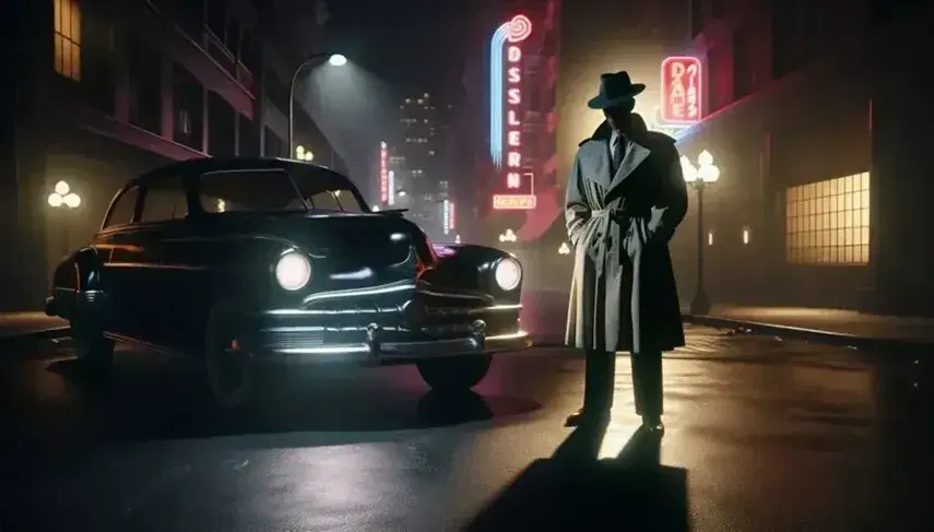 Uomo in trench e fedora accanto a auto americana anni '50 sotto lampioni, in strada urbana notturna con insegne al neon sfocate.