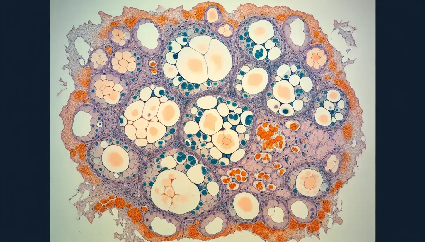 Sección microscópica de tejido adiposo con células amarillo-anaranjadas, núcleos azules periféricos y red de fibras rosa, junto a tejido adiposo marrón.