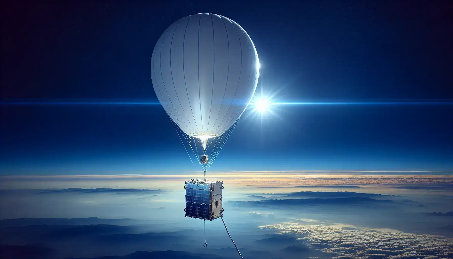 Palloncino meteorologico bianco si eleva nel cielo azzurro con strumentazione attaccata, sfondo di montagne lontane e sole abbagliante.