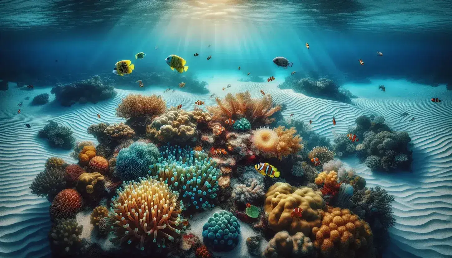 Vista submarina de un arrecife de coral con peces coloridos, anémonas y un pez payaso entre corales azules, amarillos y rojos bajo rayos de sol.