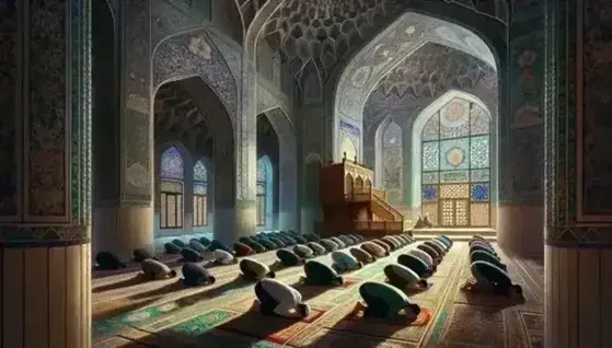 Fedeli in preghiera su tappeto ornato all'interno di una moschea con vetrate colorate, mosaici e minbar intagliato.