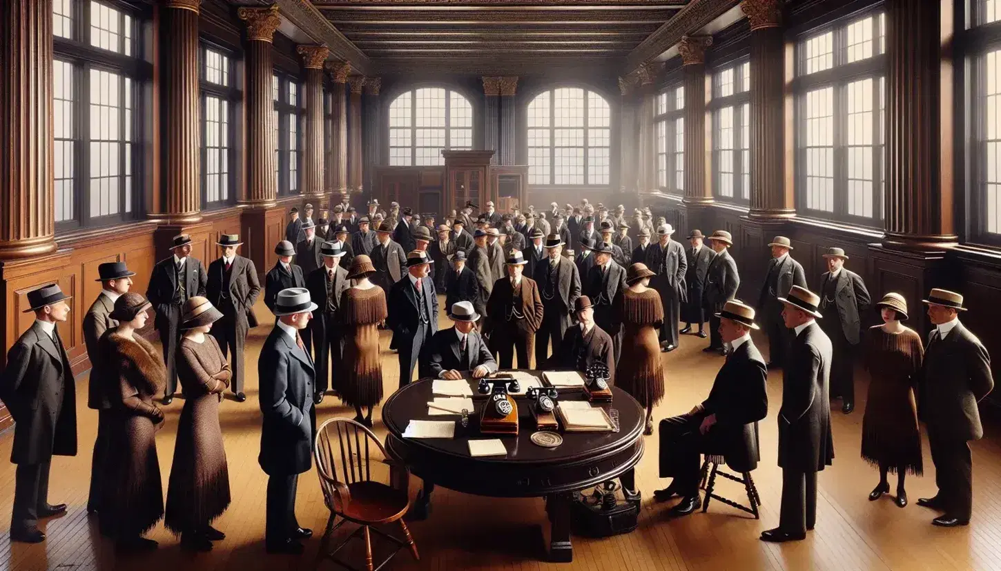 Grupo de personas vestidas al estilo de los años 20 en un salón con columnas ornamentadas, conversando alrededor de una mesa con teléfonos antiguos.