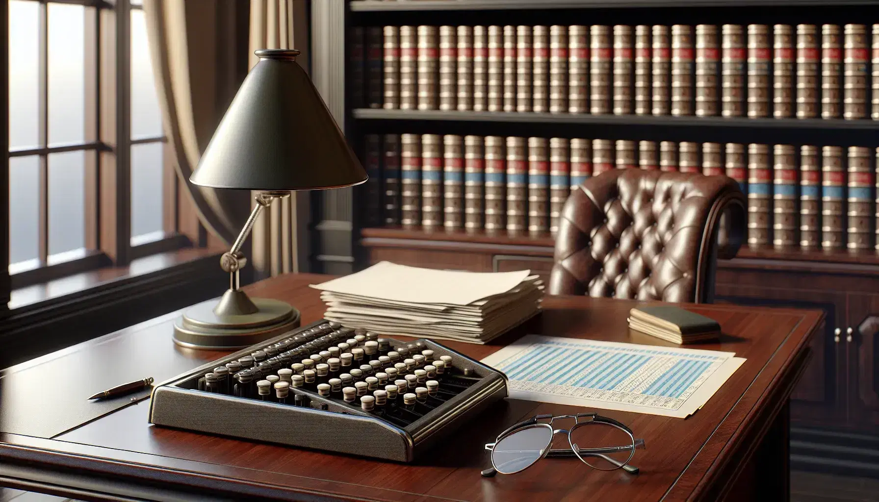 Escritorio de madera con calculadora antigua, gafas y papeles, lámpara de mesa y estantería con libros en oficina de contabilidad clásica.