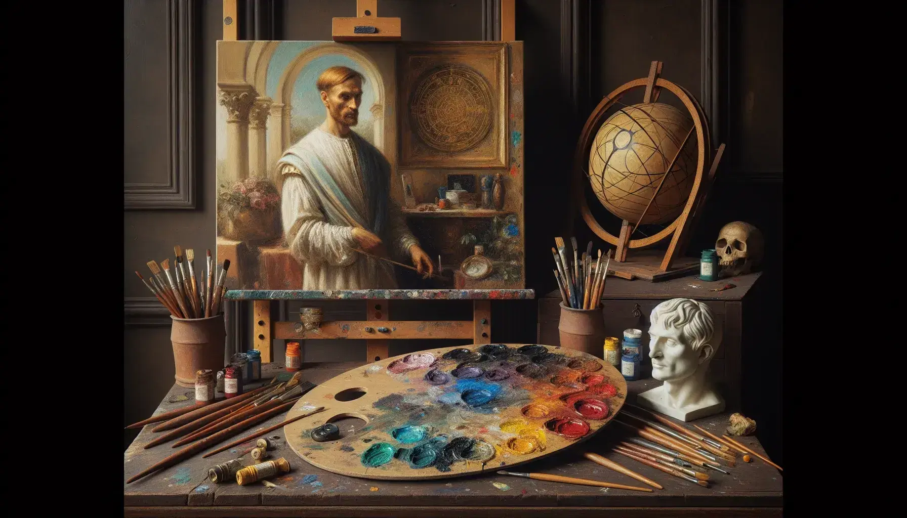 Taller renacentista con paleta de pinturas, pinceles, lienzo en proceso, estatua de mármol, cráneo y esfera armilar sobre mesa bajo luz natural.