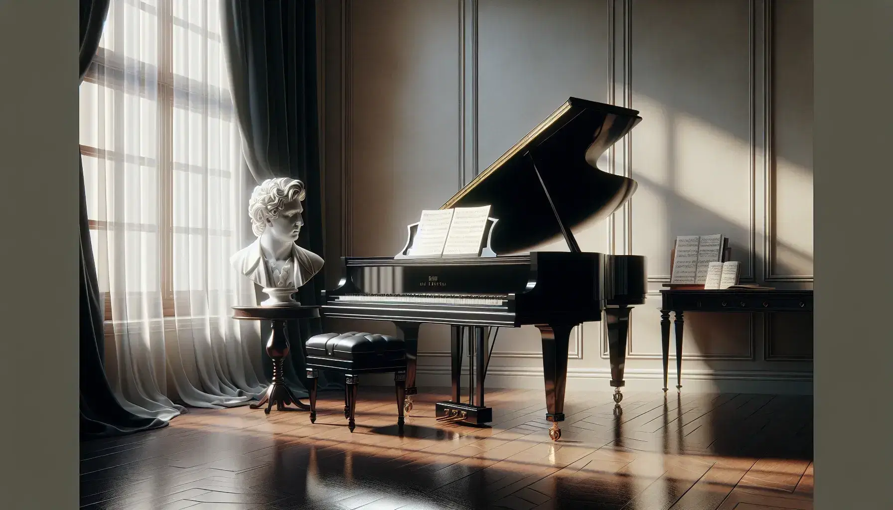Pianoforte a coda nero lucido in una stanza dai muri crema, con busto di compositore in marmo bianco e spartito aperto sullo sfondo.