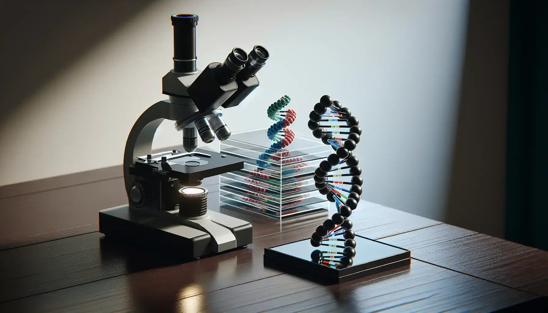 Microscopio ottico nero e argento su tavolo in legno scuro con vetrini e modello tridimensionale di doppia elica del DNA.