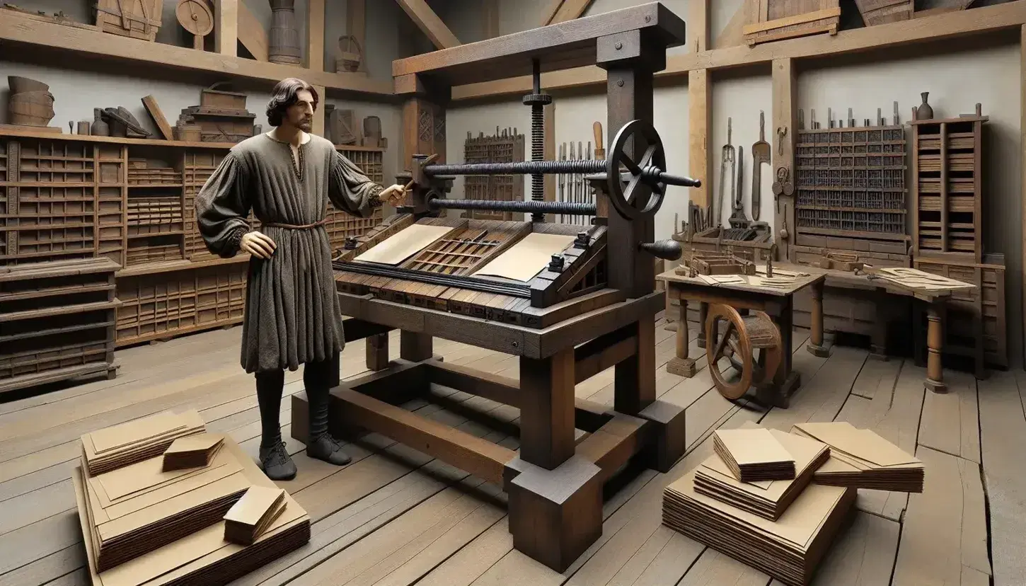 15th-century European workshop with a wooden printing press, scattered papers on a table, and a man in period clothing operating the press.