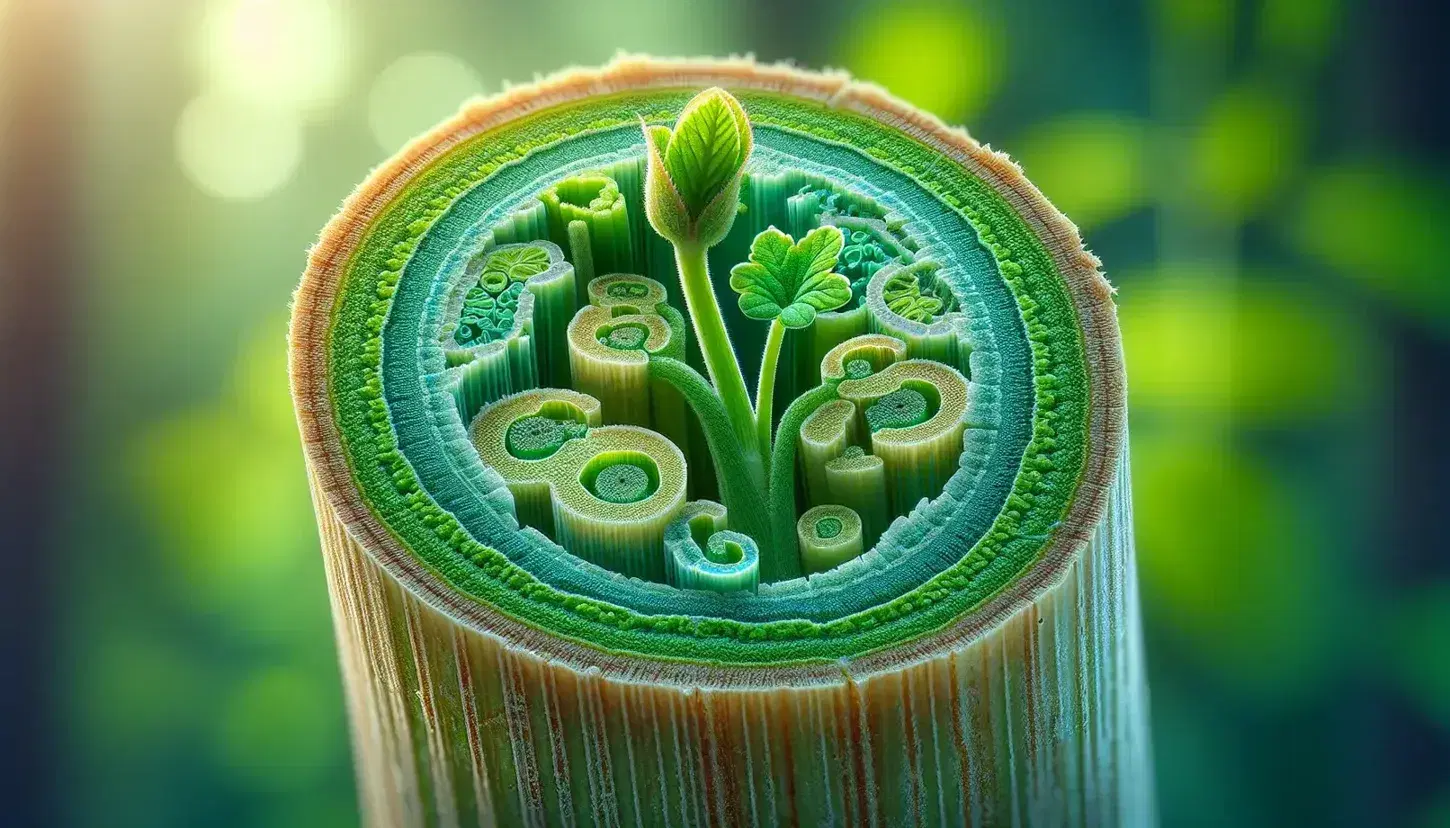 Corte transversal de tallo de planta mostrando capas internas en tonos de verde y amarillo pálido, con hojas en desarrollo y fondo desenfocado natural.