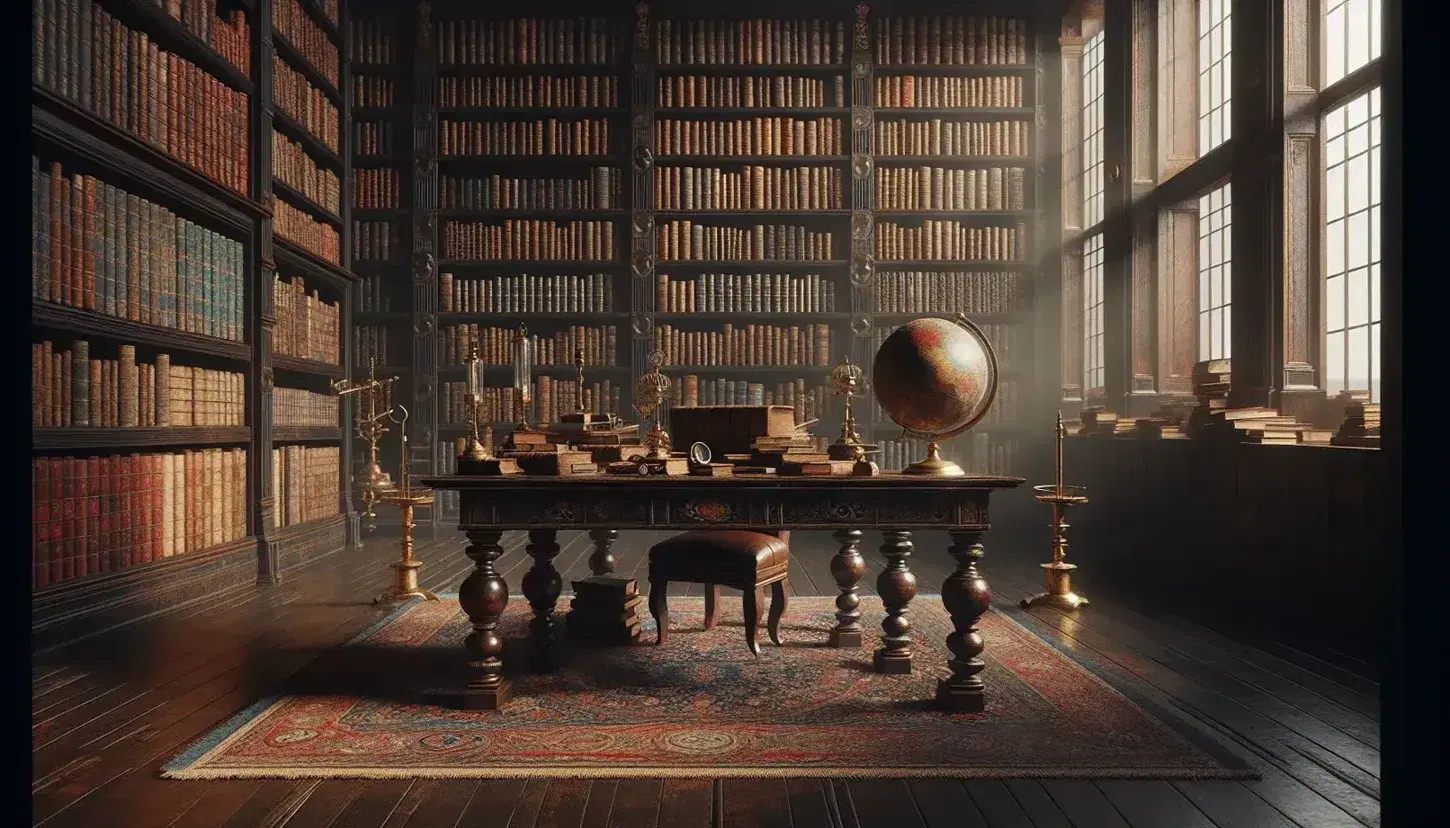 Biblioteca antigua con estantes de madera oscuros llenos de libros, mesa central con globo terráqueo antiguo, microscopio y telescopio de latón, silla de cuero y alfombra persa.