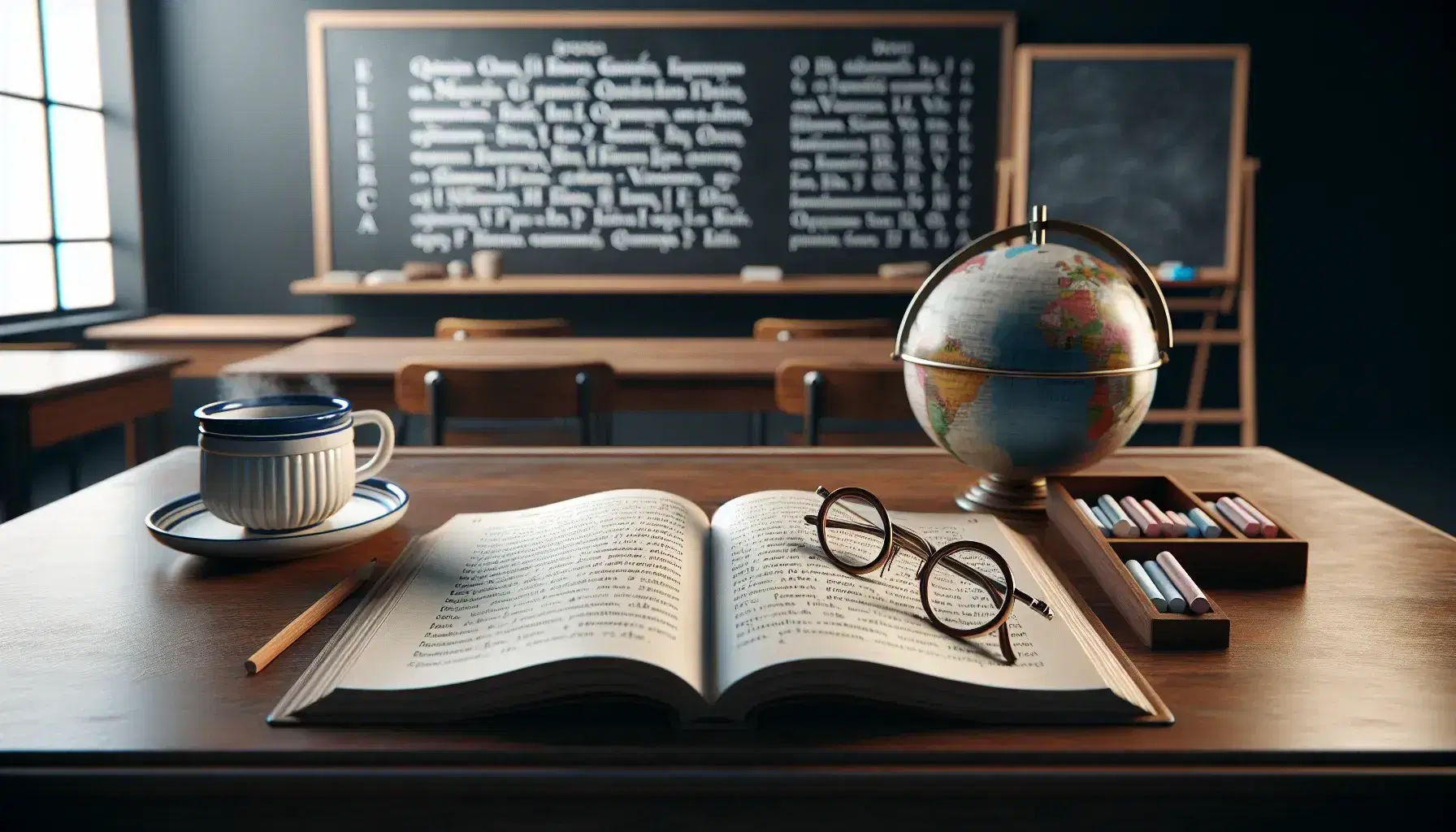 French language classroom with teacher's desk, open textbook, round-rimmed eyeglasses, and a mug, alongside a clean chalkboard with colorful chalk and a globe.