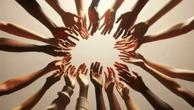 Mani di diverse tonalità di pelle si tendono in cerchio su sfondo neutro, simboleggiando solidarietà e supporto reciproco.