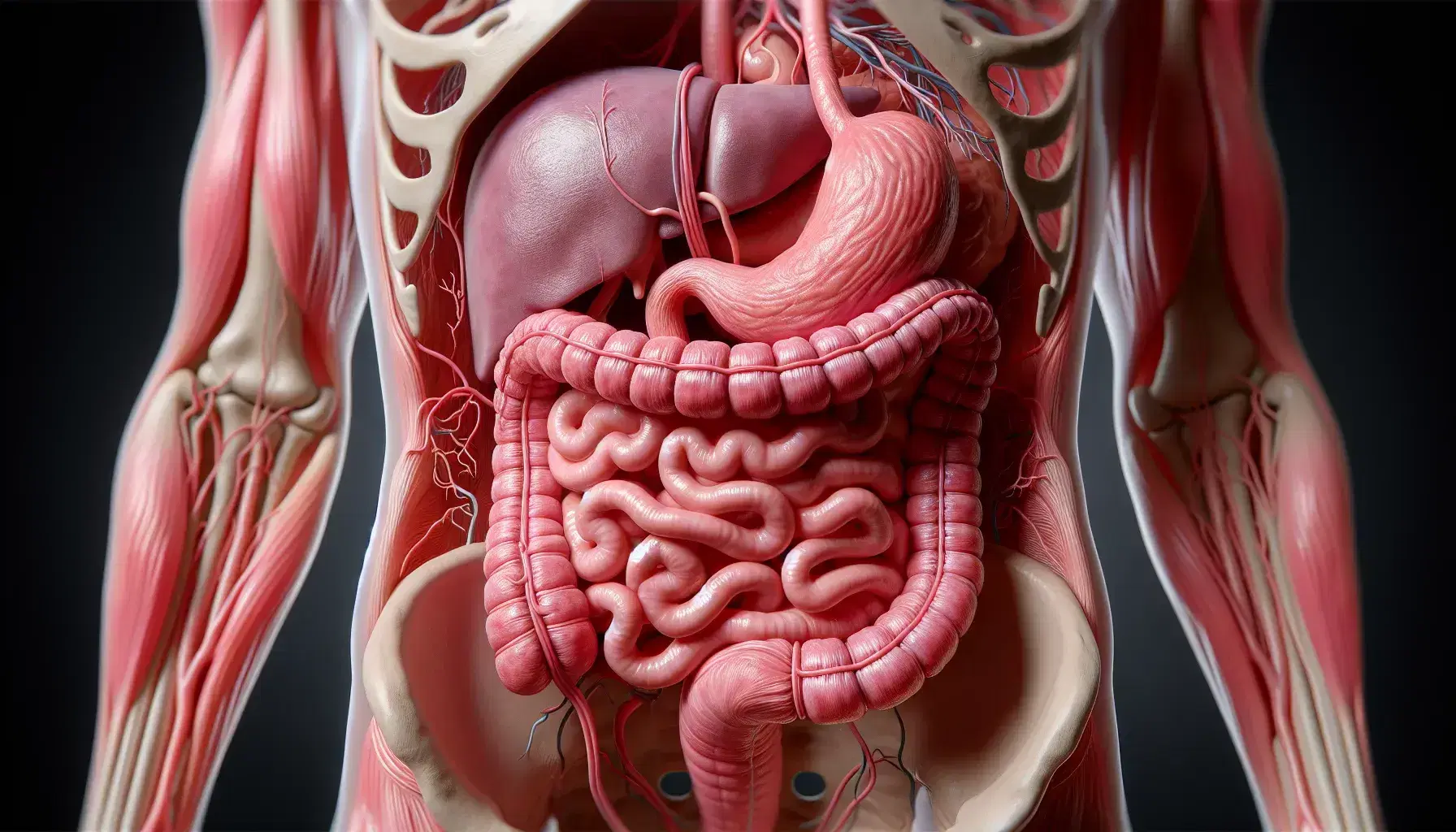 Modelo anatómico tridimensional del sistema digestivo humano mostrando esófago, estómago, intestino delgado y grueso, hígado, vesícula biliar y páncreas.