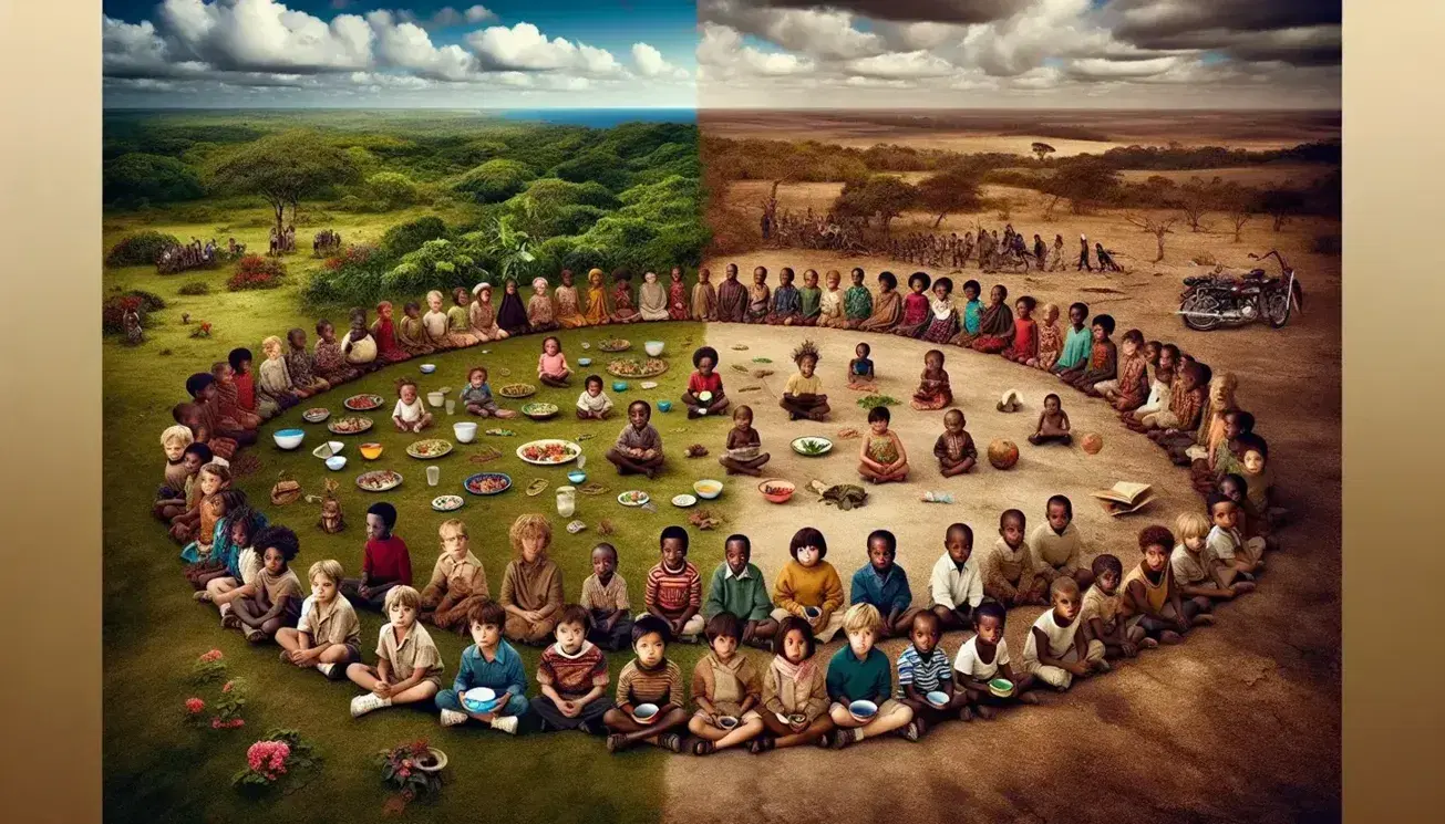 Children of different ethnicities sitting in a semicircle outdoors with objects symbolizing need and education, on mixed grassy and arid terrain under a partly cloudy sky.