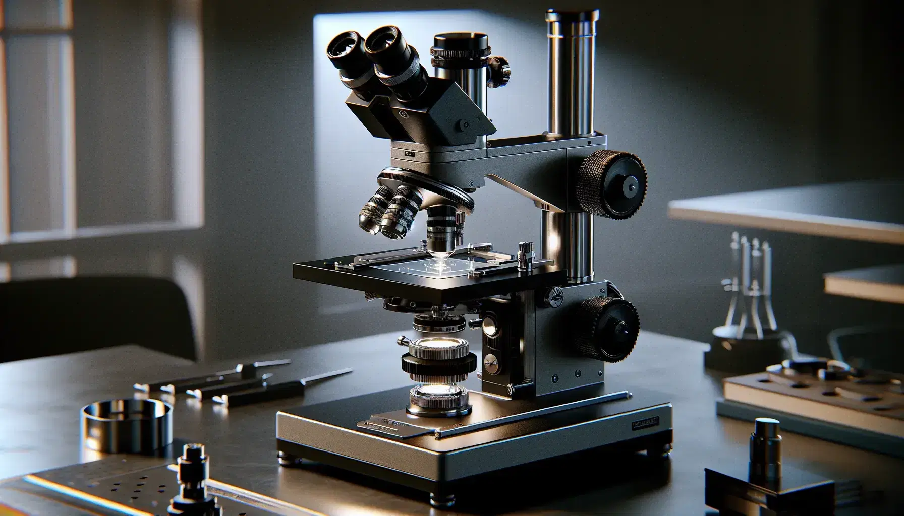 Microscopio óptico de laboratorio con acabados metálicos y partes negras, objetivos de distintos tamaños, platina con pinza sujetando una lámina y mandos de enfoque.