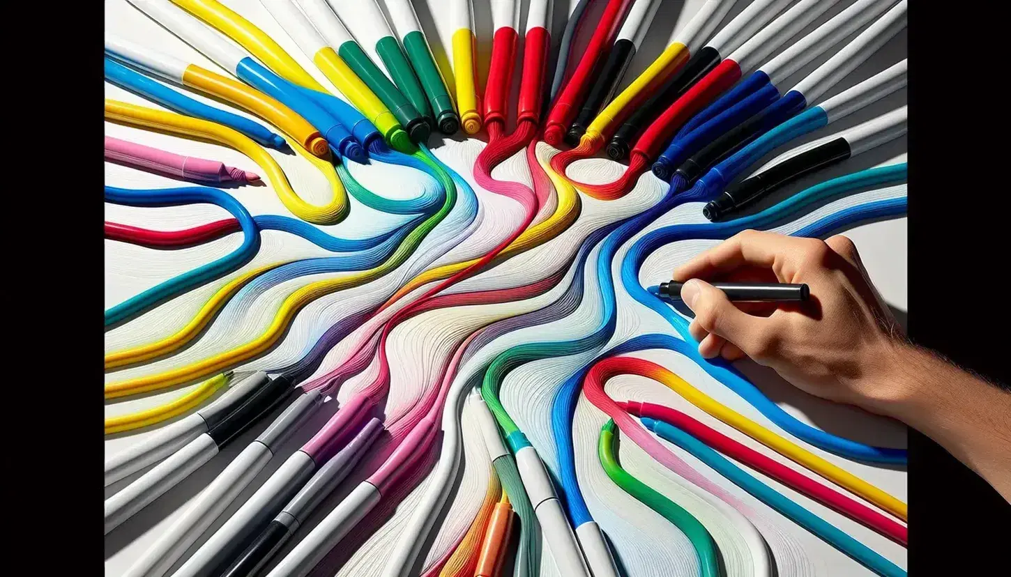 Mano sosteniendo estuche con rotuladores de colores sobre superficie blanca con trazos abstractos y entrelazados, sin sombras pronunciadas y colores vivos.