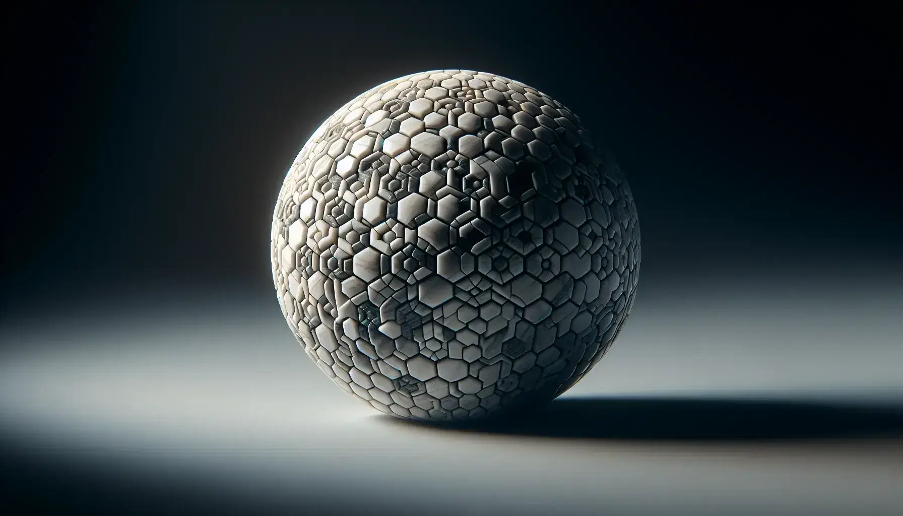 Polished spherical object with intricate hexagon and pentagon pattern on a gradient gray background, reflecting light with a soft shadow.
