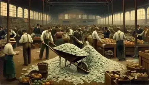 1920s German market scene with people bartering goods, using wheelbarrow full of paper currency, highlighting Weimar Republic hyperinflation.