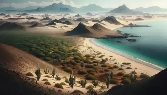 Paisaje con playa de arena beige, mar turquesa, cactus verdes, montañas al fondo y cielo azul con nubes dispersas.
