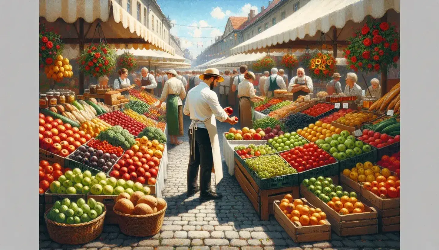 Bustling outdoor market with a fruit vendor handing an apple to a customer, colorful flower booth, and various food stands under a clear blue sky.