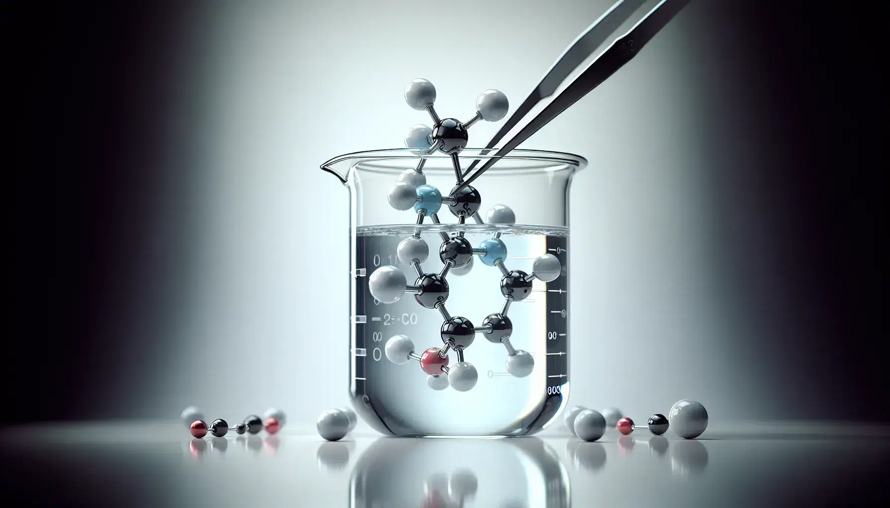 Glass beaker with colorless liquid and tweezers holding a molecular model with colored spheres representing atoms connected by gray rods.