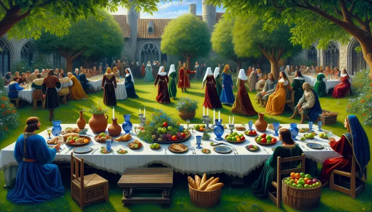 Banchetto medievale in giardino rigoglioso con persone in abiti d'epoca, cesto di frutta, cane levriero e pavoni, sfondo di mura cittadine.