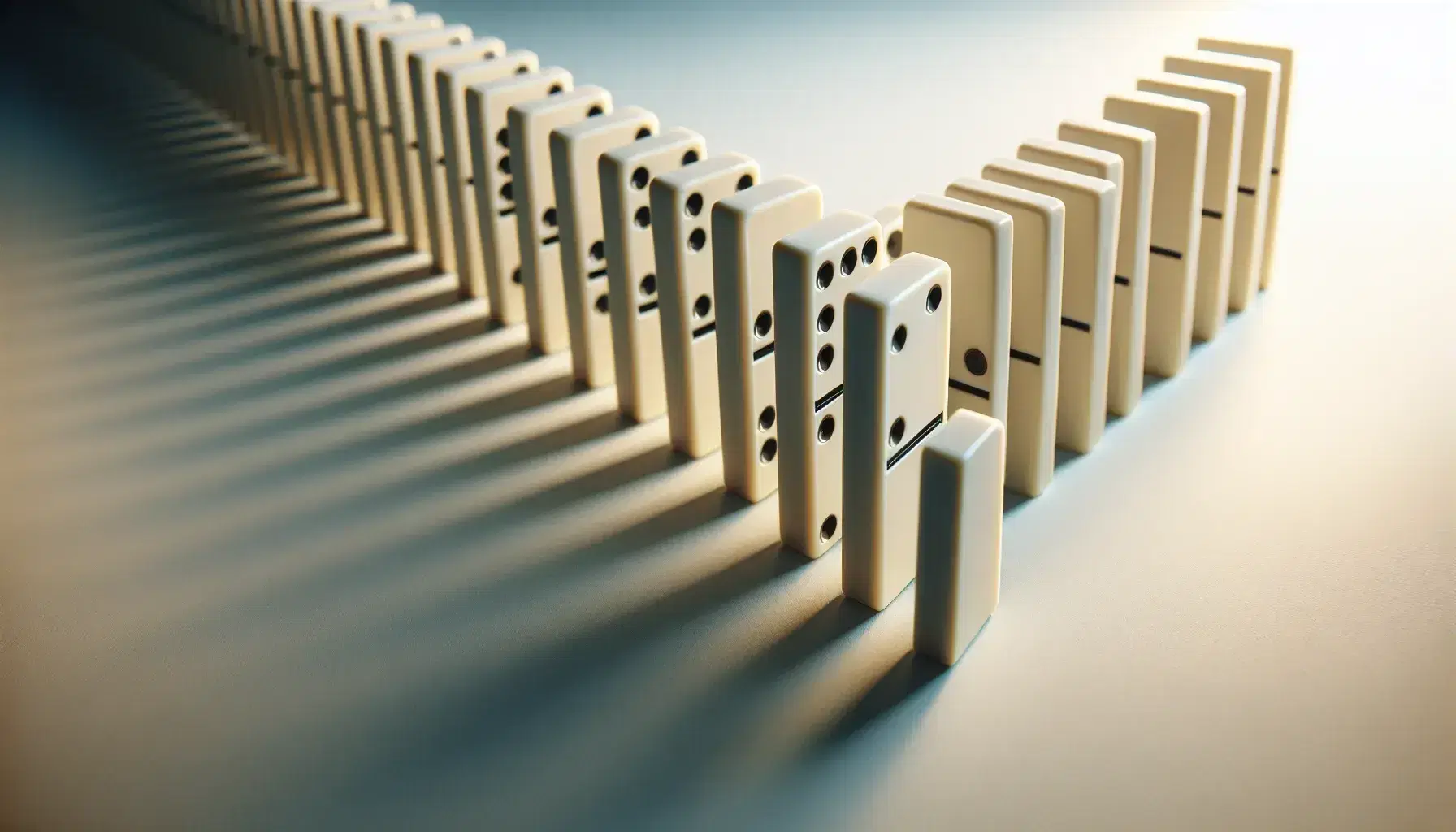 White dominos in a curving line on a gradient blue to cream background, poised for movement with soft shadows to the right, symbolizing sequence and potential.