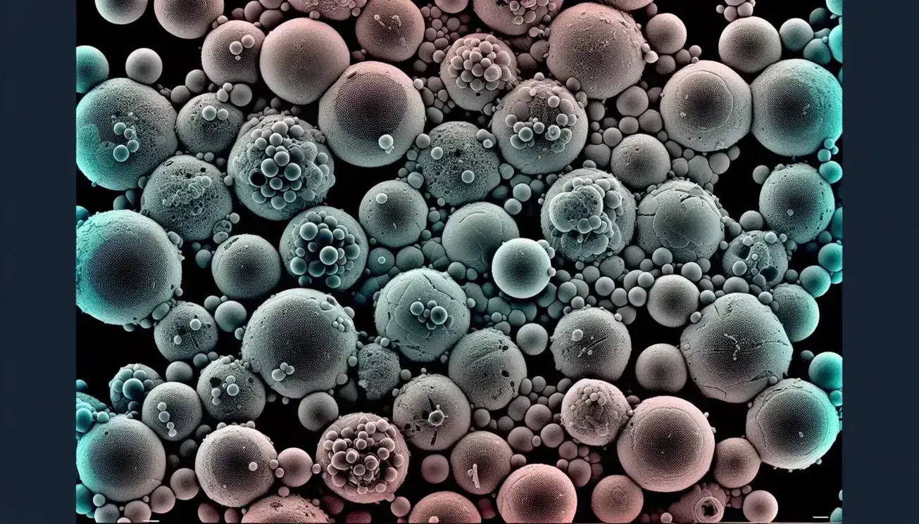 Micrografía electrónica a color mostrando formas esféricas y ovales con superficies lisas y con espinas en tonos de gris, azul, verde y rosa sobre fondo negro.