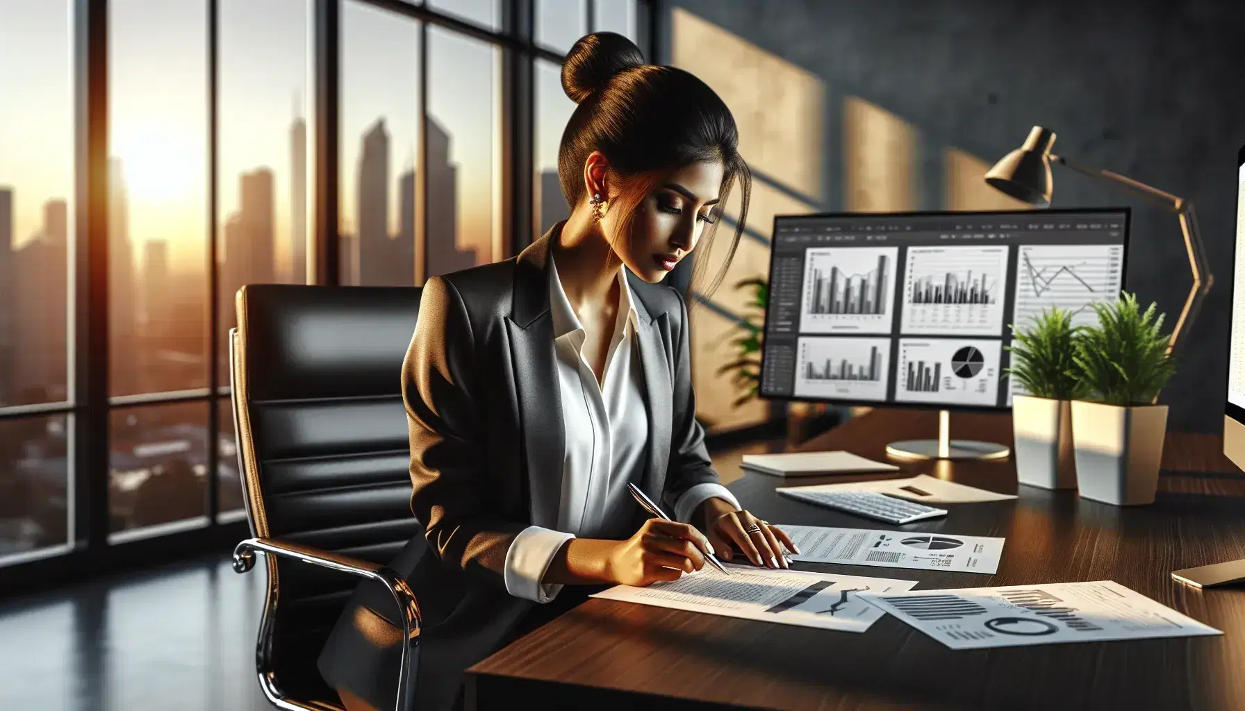 South Asian financial manager working in modern office, analyzing charts at desk with cityscape view at sunset, near monitor and plant.