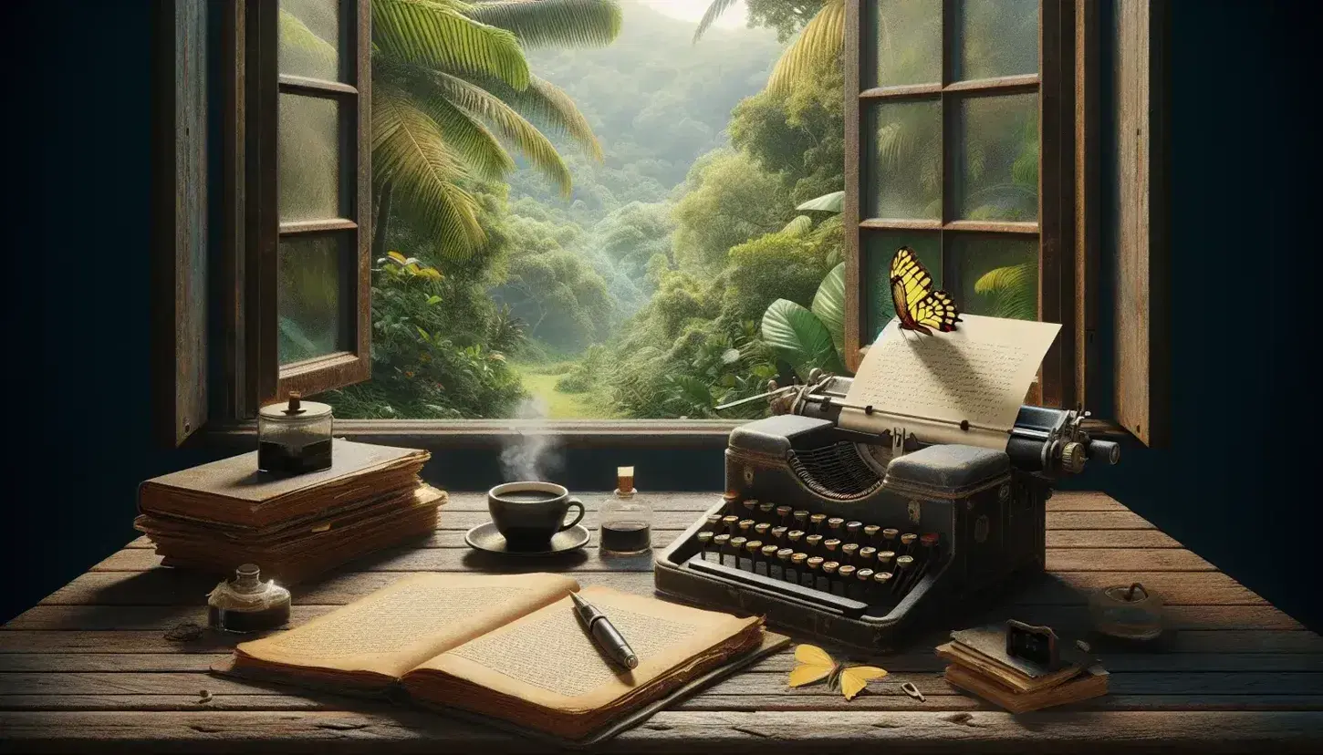 Rustic wooden desk with vintage typewriter, manuscripts, and inkwell, a butterfly on top, beside a steaming coffee cup, overlooking a tropical landscape.