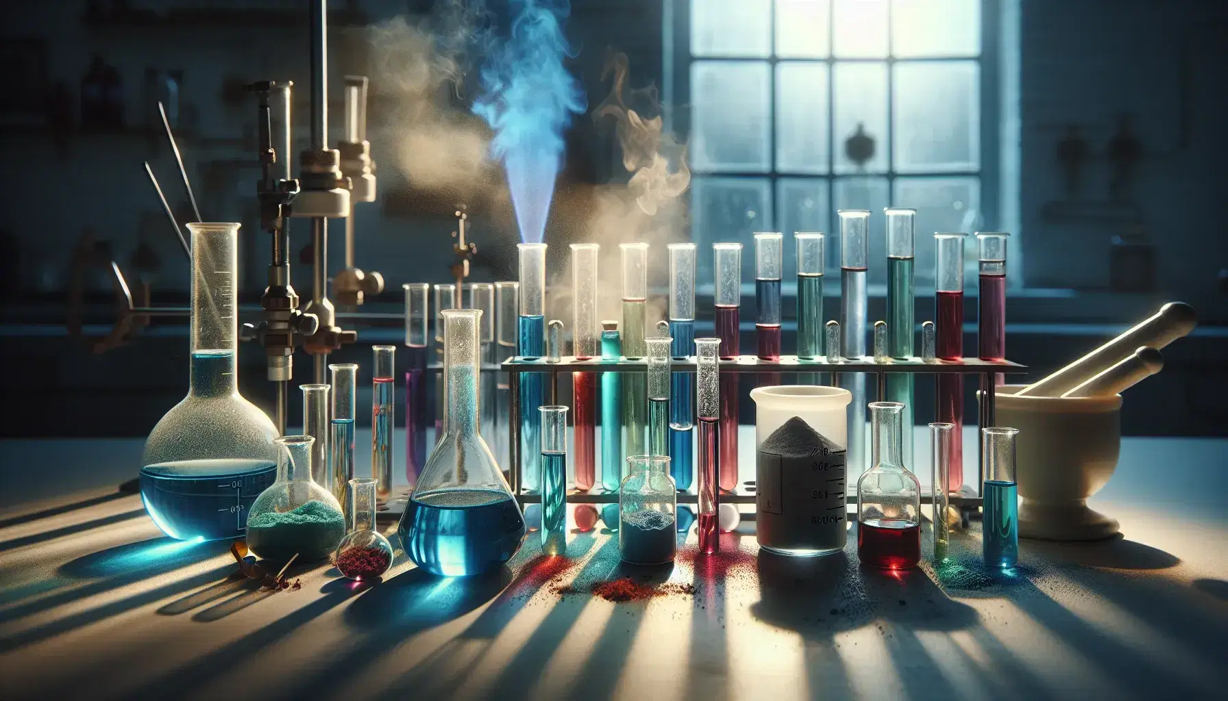 Provette in vetro con liquidi colorati e sostanze in polvere su banco laboratorio, fiamma Bunsen e mortaio con pestello.