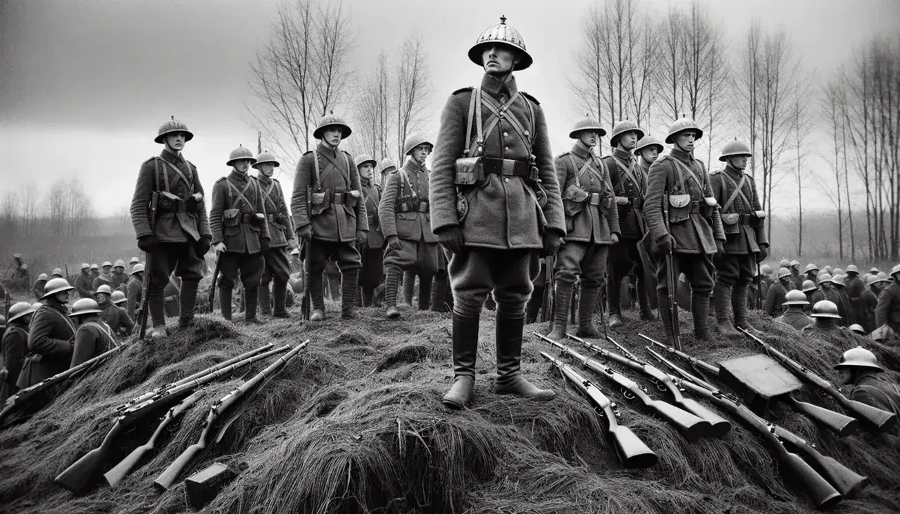 Soldati in uniformi militari d'epoca con fucili a baionetta su terreno erboso, cielo nuvoloso e alberi spogli sullo sfondo.