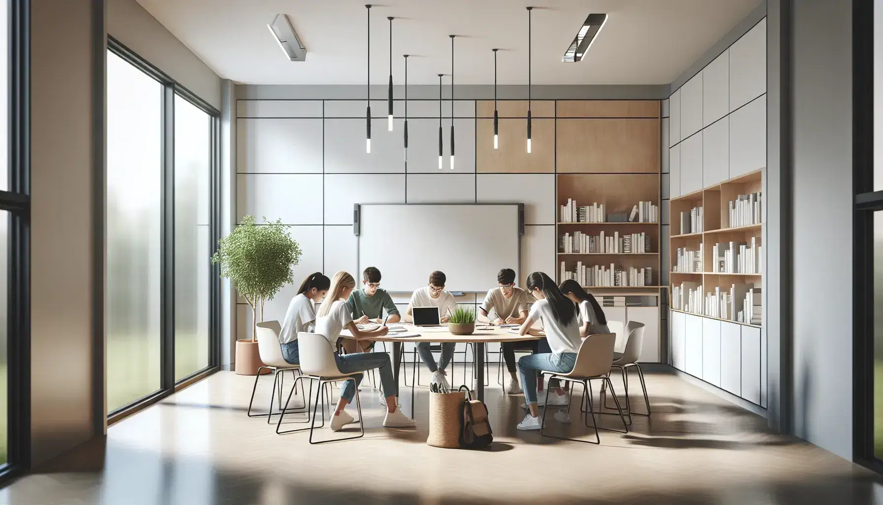 Estudiantes colaborando en un proyecto en una aula moderna y luminosa con mesa redonda, sillas, pizarra blanca y ventanas grandes.