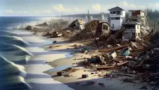 Coast devastated by a tsunami with scattered debris, uprooted trees, capsized boats and damaged buildings, calm sea in the background.
